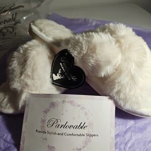 PARLOVABLE  LARGE 9-10  Open Toe Slippers Soft Cream Plush Furry LUXE NWT